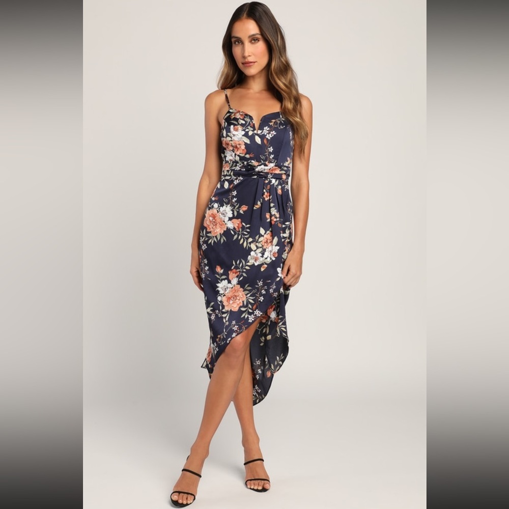 Lulu’s Navy Blue Floral Print Tulip Midi Dress